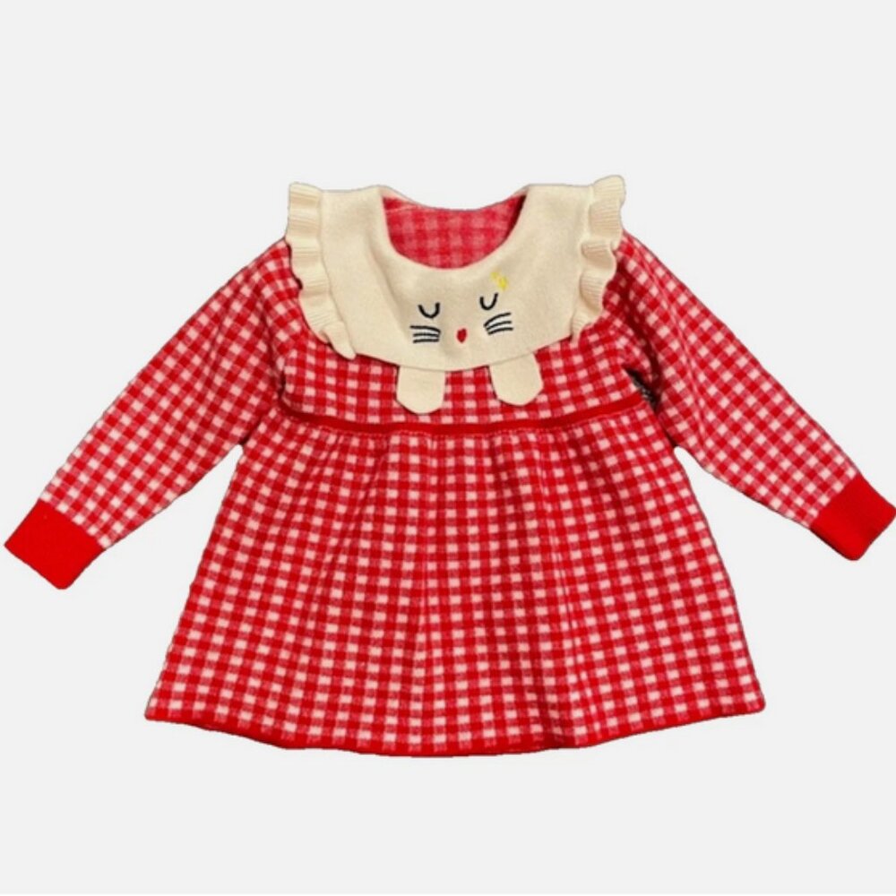 Baby Girls Sweater Dress Kitty Cat Red & White Cashmere Like Yarns Vtg